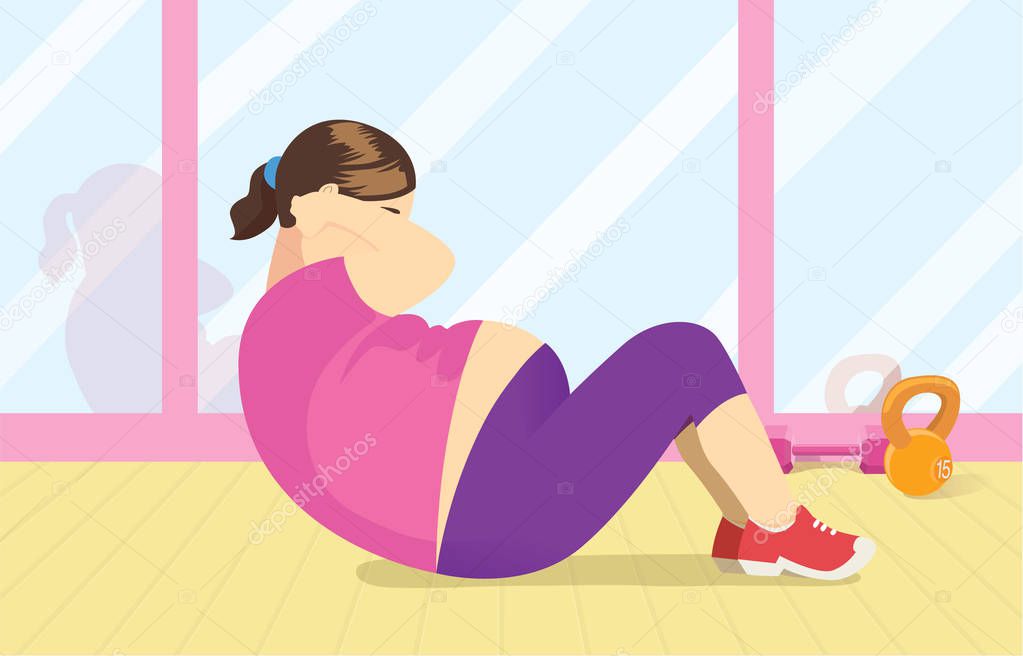 Fat woman exercise with doing crunch at gym. Illustration about lose weight.