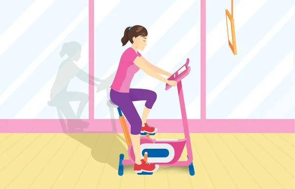 Frau Beim Sport Mit Festem Fahrrad Zur Straffung Ihres Körpers — Stockvektor