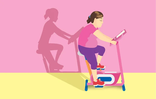 Gros Femme Faisant Exercice Sur Vélo Stationnaire Mais Son Ombre — Image vectorielle