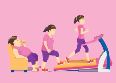 Divan şişman kadın vücudu ile treadmill egzersiz egzersiz için artış ile değiştirin. Kavram resimde hakkında hızlı kaybetmek ağırlık.
