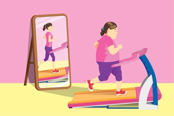 Gros Femme Jogging Sur Tapis Roulant Électrique Tout Miroir Réfléchissant — Image vectorielle