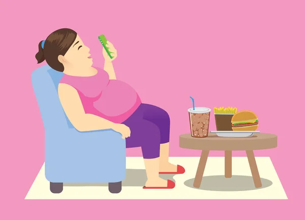 Mujer Gorda Usando Smartphone Una Silla Comida Rápida Mesa Ilustración — Vector de stock