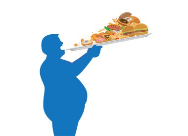 Fat man try to devour a lot of junk food in one time with lifting a tray. Illustration about overeating. clipart