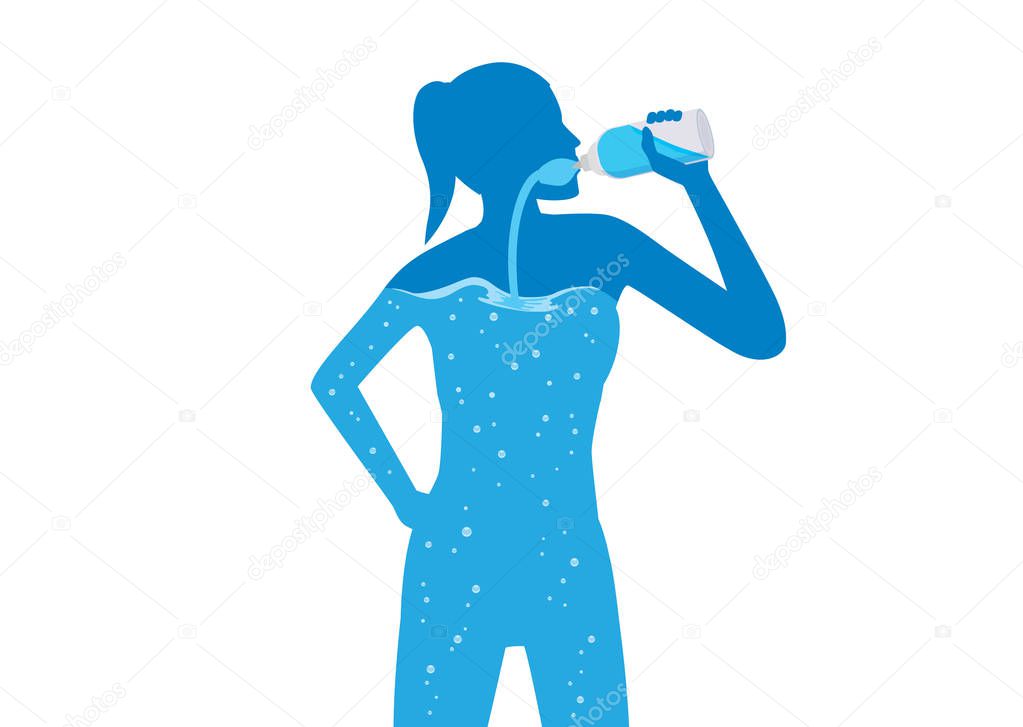 Woman drinking pure water into her body. Illustration about healthy lifestyle.