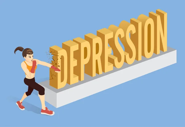 Frisk Kvinna Att Bryta Ordet Depression Med Stansning Konceptuell Illustration — Stock vektor