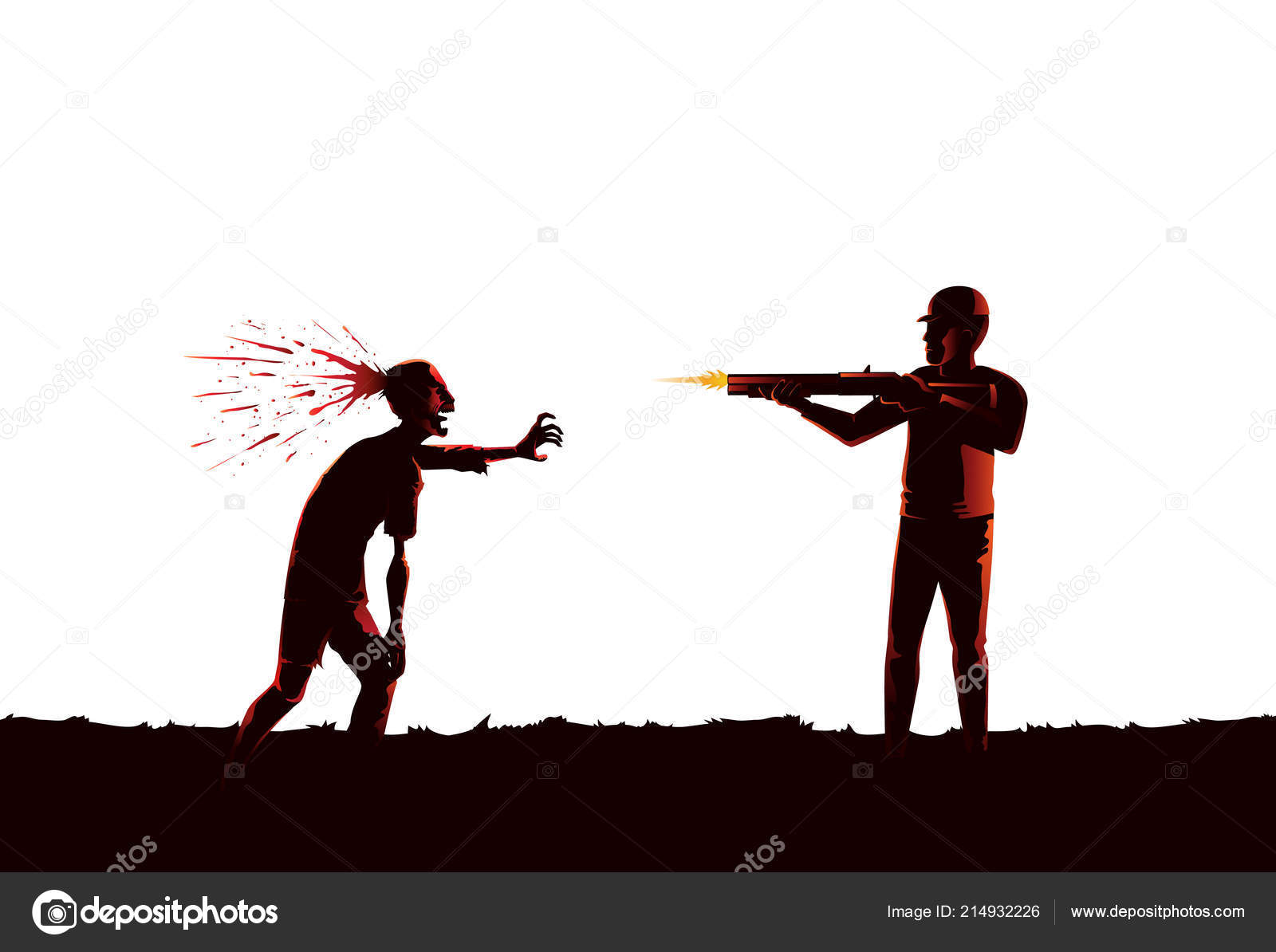 Silhouette Man Killing Zombie Shooting Head Rifle Isolated White