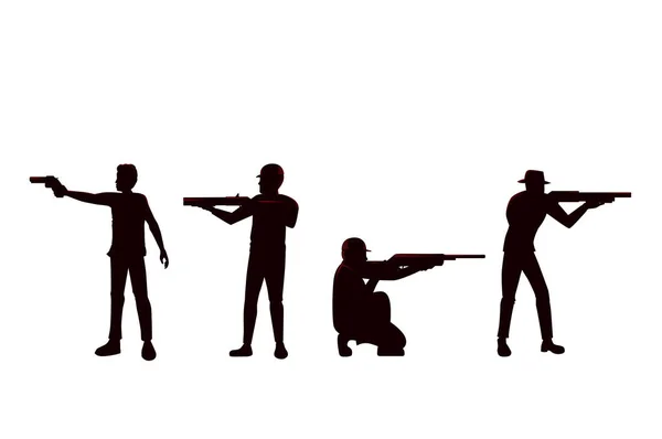 Silueta Del Hombre Sosteniendo Pistola Diferencia Posición Disparo Colección Personas — Vector de stock