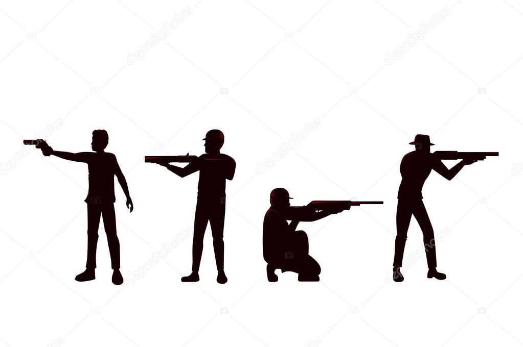 Silhouette of Man holding Gun in difference Shooting Position. Collection of vector people with weapon in side view