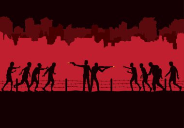 Silhouette iki adam stand ve mücadele kalabalık zombi açık harabe şehrin tahrip binalar arka plan.