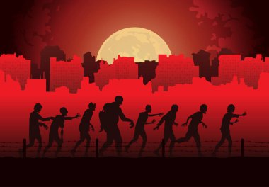 Zombiler üzerinde kurban bulmak için yürüyüş siluet kalabalık şehir arka plan terk edilmiş. Kırmızı Tema resimde Cadılar Bayramı hakkında.