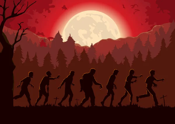 Sziluettjét Tömeg Zombik Séta Temető Teljes Hold Éjszaka Piros Téma — Stock Vector