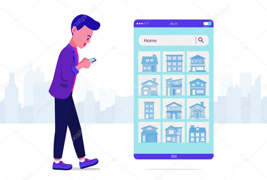 Young Man using smartphone Searching for house on website while he walking on street. Illustration about communications technology.