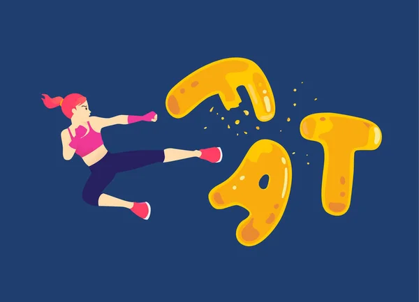 女人跳起来 踢一个脂肪的措辞打破 关于锻炼减少脂肪的插图 — 图库矢量图片