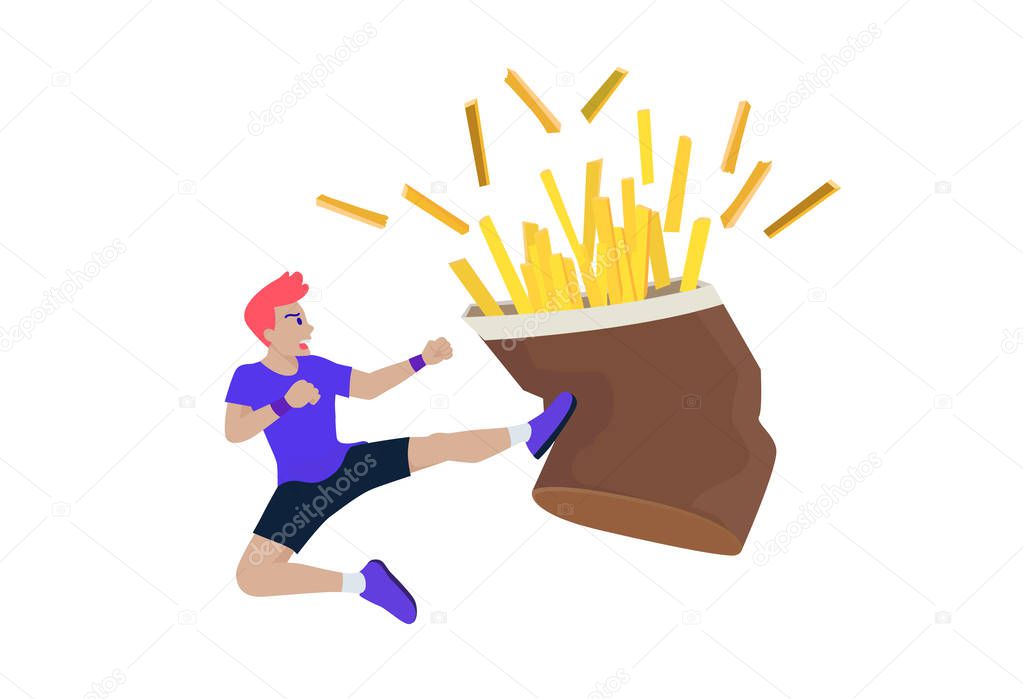 Sport Man jump up and kick French fries. He want to win and stop eatting junk food.