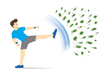 Sağlıklı bir insan bakteri saldırı tekme ile yansıtır. Konsept illüstrasyon artırmak bağışıklık egzersiz ile ilgili.