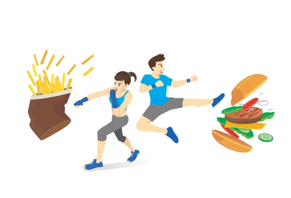Man Gezonde Vrouw Vechten Met Fast Food Concept Illustratie Dieet — Stockvector
