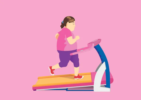 Fet Kvinna Diet Med Att Köra Elektrisk Löpband Illustration Träning — Stock vektor