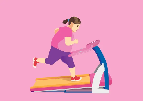 在电动跑步机上跑步的胖女人想减肥 关于运动和健康的说明 — 图库矢量图片