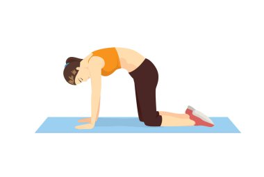 Kedi İneği 'yle egzersiz yapan kadın sırt kaslarını germek ve omurilik esnekliğini arttırmak için poz veriyor. Egzersiz duruşuyla ilgili bir resim.