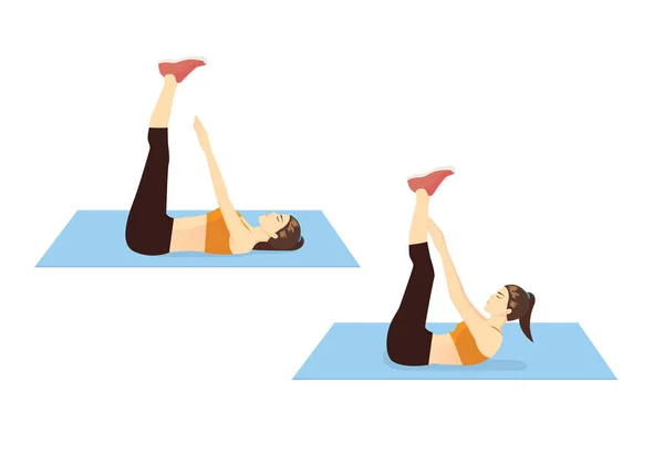 Kvinnan Gör Toe Touch Crunches Övning Steg För Guide Illustration — Stock vektor