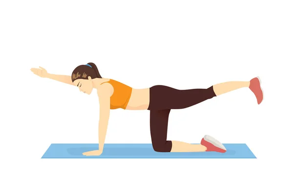 做鸟狗运动的妇女在蓝色垫子上训练核心肌肉 关于六包锻炼姿势的说明 — 图库矢量图片