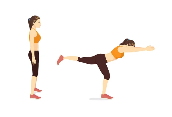Kadının Tek Bacak Ulaşmak Tarafından Egzersiz Kılavuzu Adımda Yapması Resimde — Stok Vektör