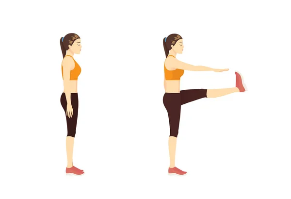 Женщина Делает Упражнения Руководство Walking High Kicks Шага Иллюстрация Позе — стоковый вектор