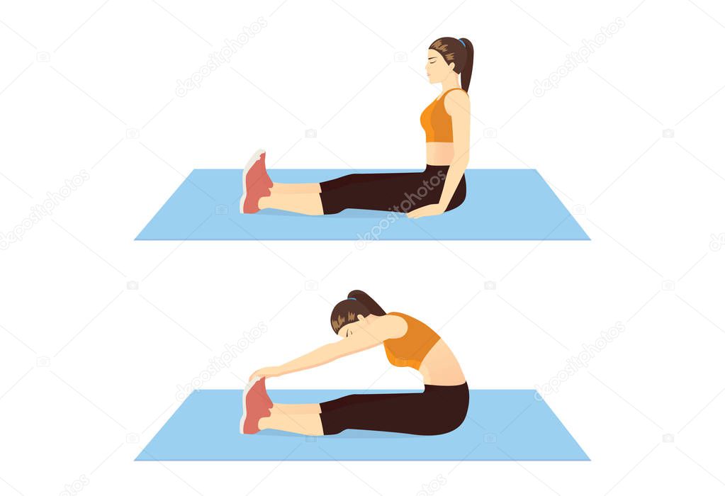 Woman doing Seated Toe Touch Stretch Exercise on blue mat in 2 step. Illustration about warm up and cool down and workout.