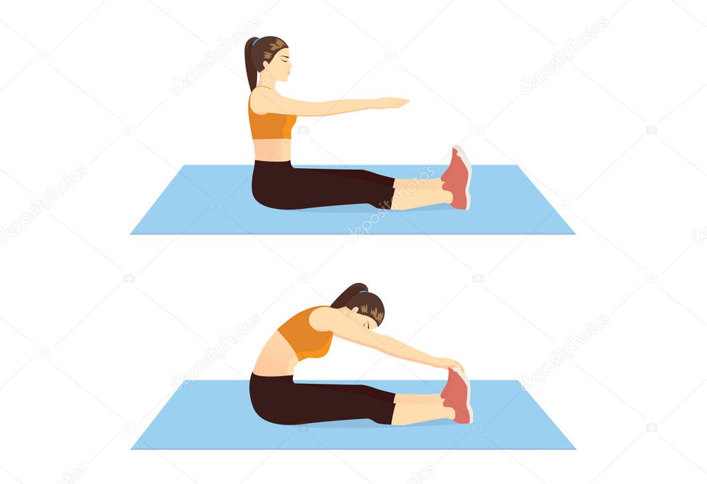 Woman doing Stretch Exercise with Toe Touch while sitting on blue mat in 2 step. Illustration about warm up and cool down and workout.