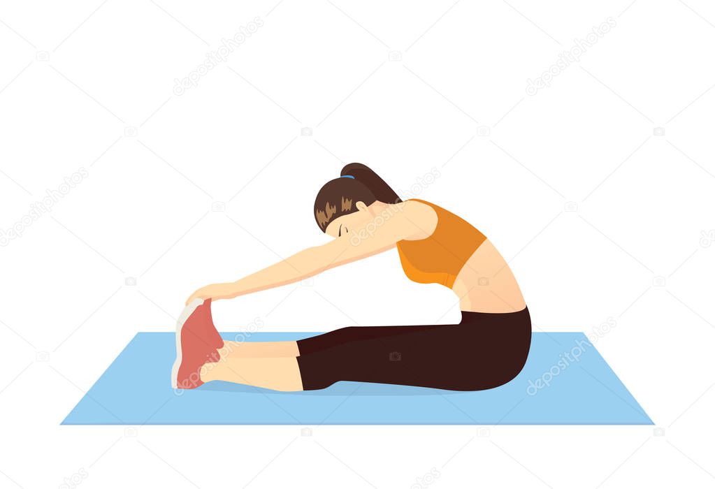 Woman doing seated Toe Touch Stretch Exercise on blue mat. Illustration about warm up and cool down and workout.