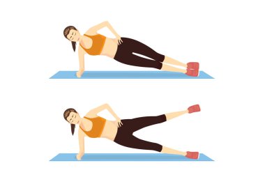 Woman doing Side plank Hip Abduction exercise guide in 2 step. Illustration about side abdominal workout. vector Woman doing Side plank Hip Abduction exercise guide in 2 step. Illustration about side abdominal workout. vector