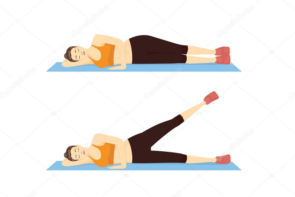 Woman doing Leg Raise Exercise in 2 step on blue mat. Illustration about introduction workout.
