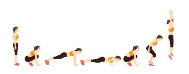 Kadın Egzersiz Rehberi için push up adım ile bir burpee yapıyor. Doğru egzersiz diyagramı hakkında çizim.