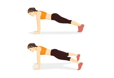 Kadın egzersiz pozisyon Kılavuzu için 2 adımda Plank Jack egzersiz yapıyor. Düz abdominal için fitness hakkında Illustration.