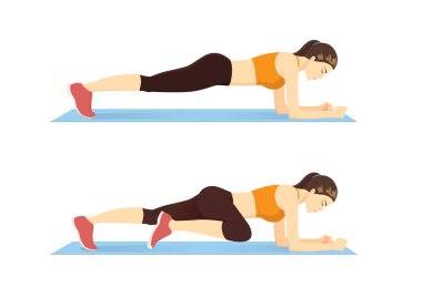 Kadın direği Plank diz ile abdominal egzersiz pozisyonu giriş yapıyor 2 Kılavuzu için adım. Egzersiz hakkında Illustration. 