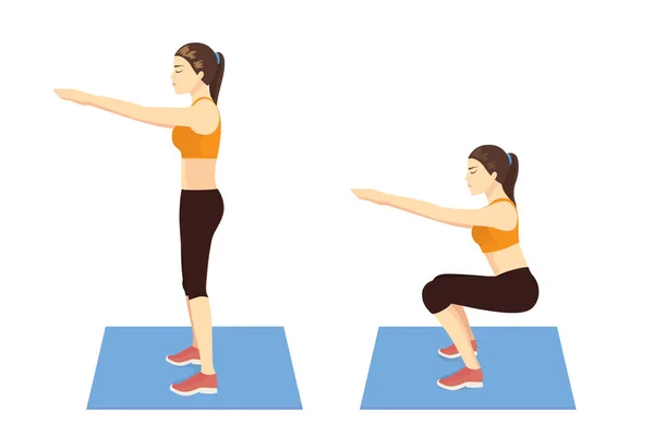 女性が全体の下半身を強化するための側面図の2つのステップでエアースクワットを行うことにより 運動ガイド ワークアウトについてのイラスト — ストックベクタ