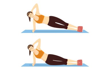 Woman doing Side Bridge Exercise in 2 step on blue mat. Illustration about introduction workout for abdominal muscle building. vector Woman doing Side Bridge Exercise in 2 step on blue mat. Illustration about introduction workout for abdominal muscle building. vector