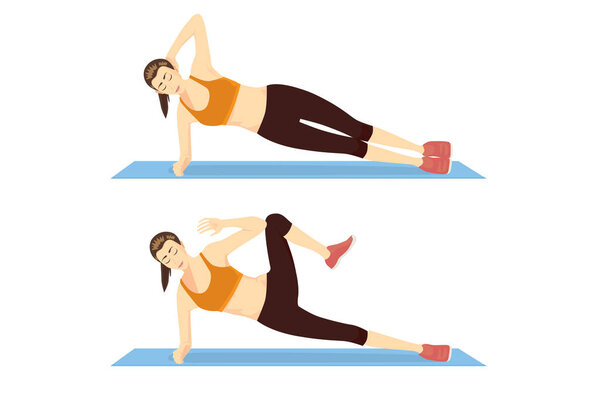 Woman doing Exercise with Side Plank Crunch in 2 Step on blue mat. Illustration about abs workout motivation.