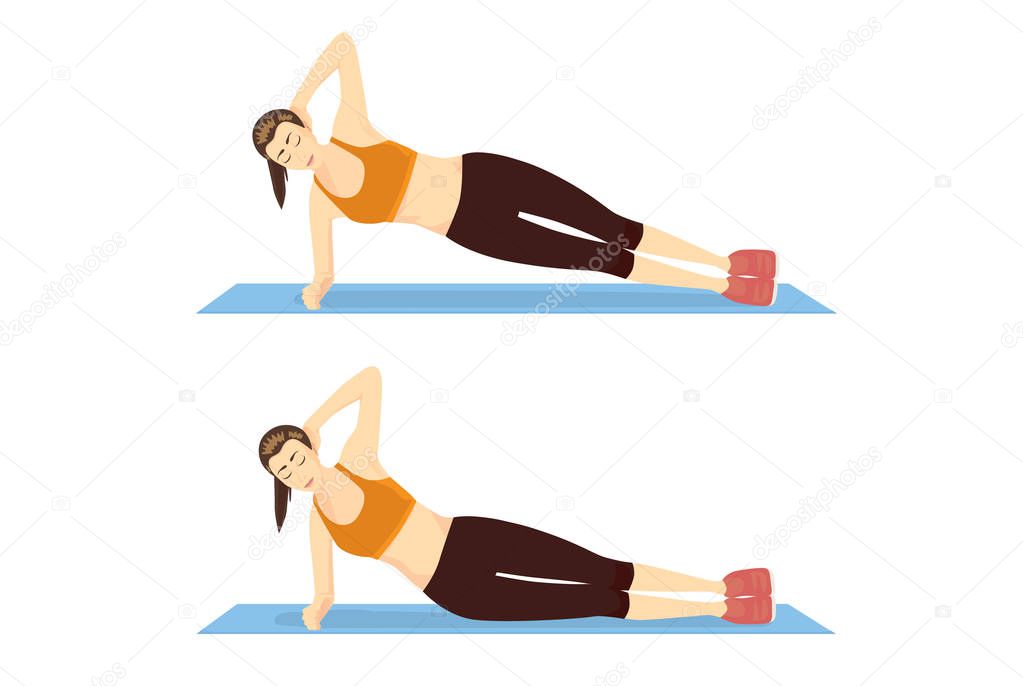 Woman doing Side Bridge Exercise in 2 step on blue mat. Illustration about introduction workout for abdominal muscle building.