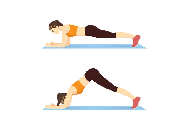 妇女做滑动派克运动在蓝色垫子上为指南 关于侧腹部锻炼的插图 — 图库矢量图片