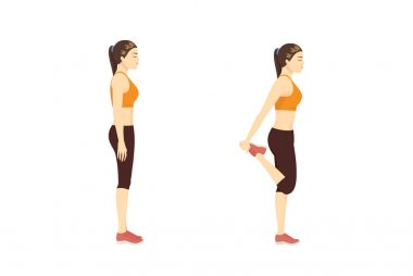 2 adımda ayakta iken Quadriceps Stretch ile Streç Egzersiz yapıyor Kadın. Egzersiz diyagramı hakkında çizim.