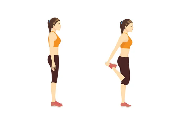 Γυναίκα Κάνει Στρετς Άσκηση Quadriceps Τέντωμα Ενώ Στέκεται Βήμα Απεικόνιση — Διανυσματικό Αρχείο