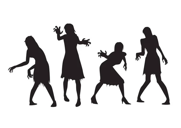 Weibliche Zombie Stehend Und Hand Hand Silhouette Stil Sammlung Von — Stockvektor