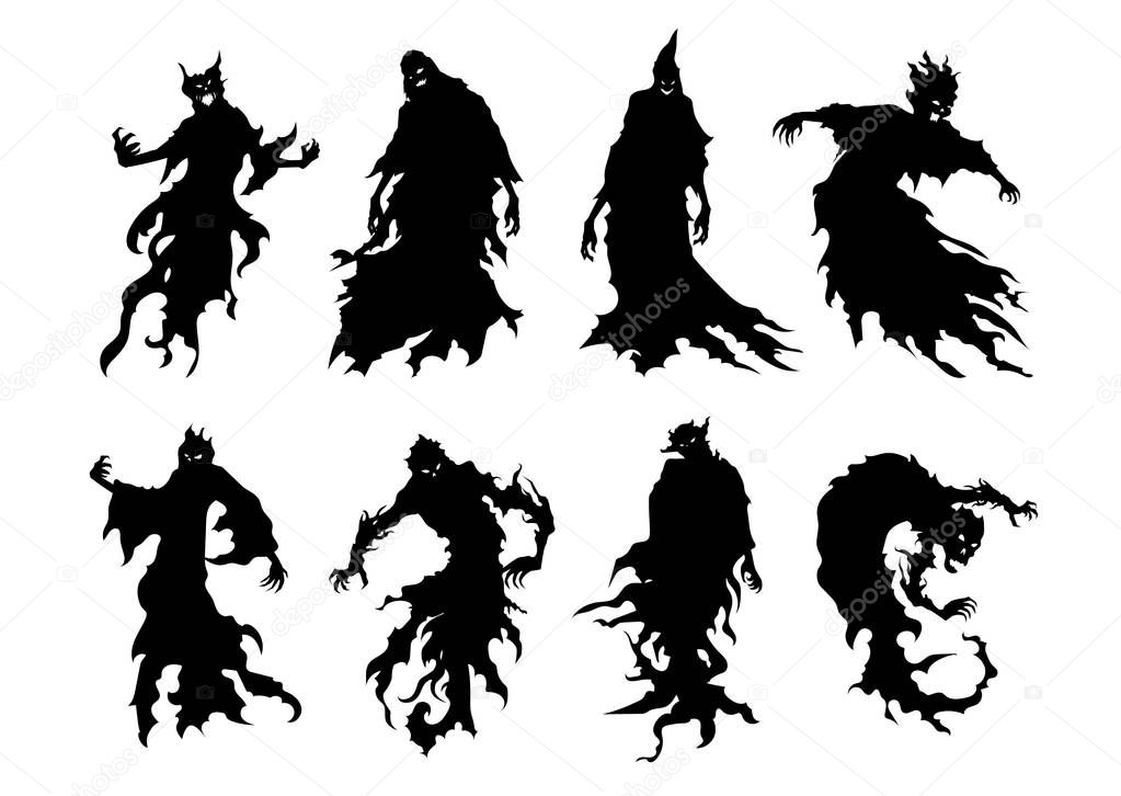 Silhouette of flying evil spirit in vector style collection isolated on white. Illustration about whisper ghost and fantasy.