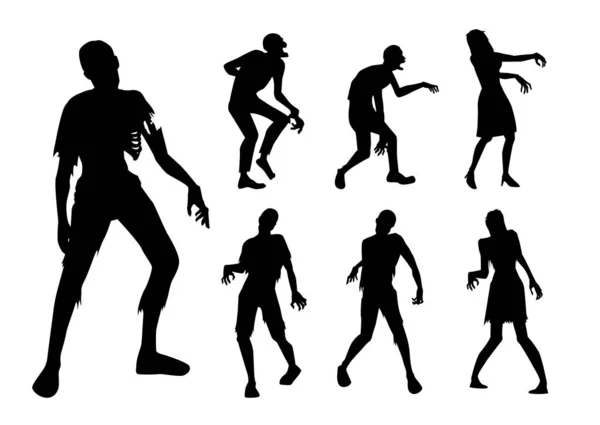 Zombie Standing Walking Actions Silhouette Style Collection Full Lenght People — Stock Vector