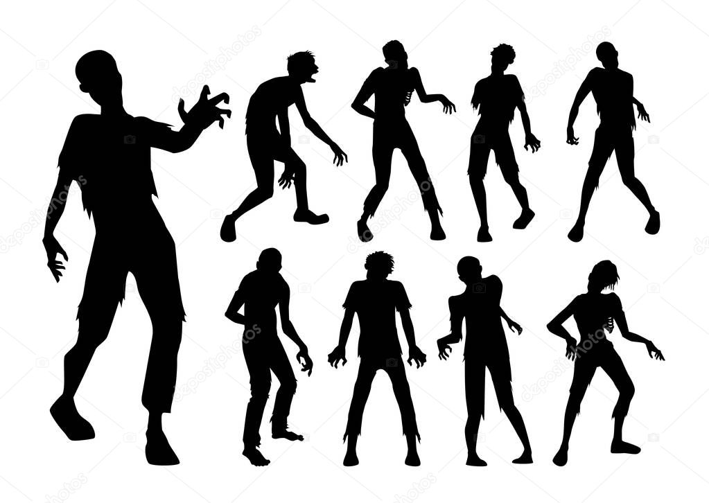 Male Zombie standing and walking actions in Silhouette style collection. Full lenght of people resurrected from the dead.