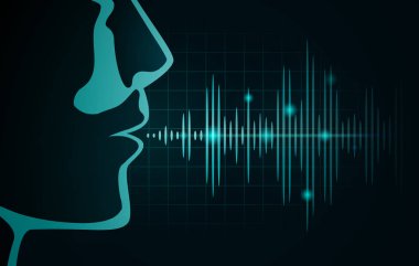 Sound wave out of human mouth on black graph. Illustration about level of voice frequency.
