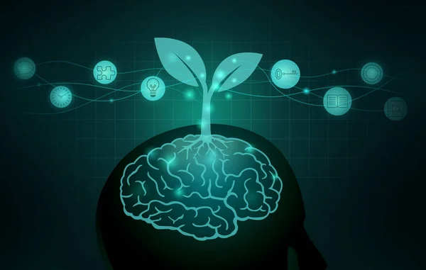 Δέντρο Που Φυτρώνει Από Ανθρώπινο Εγκέφαλο Σκιαγραφία Εικονογράφηση Σχετικά Τους — Διανυσματικό Αρχείο