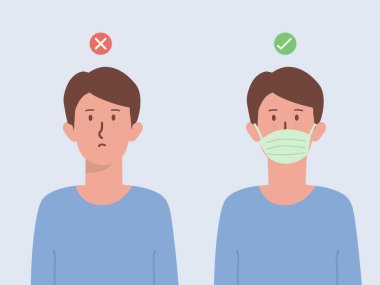 Cerrahi maske takan adamlar yüzünü doğru ve yanlış bir sembolle kapatıyorlar. Virüsleri önlemek için insan yaşam tarzının yeni normu hakkında bir resim..