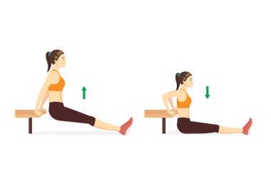 Spor kadın kalça fitness yapıyor Bench dip ve bacakları düz iki adım. Sandalyeyle çok zorlu bir egzersiz diyagramı..